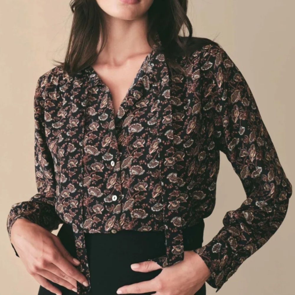 NEW Doen Silk Blouse Top Navy Paisley Floral XL 100% Silk - Picture 3 of 10